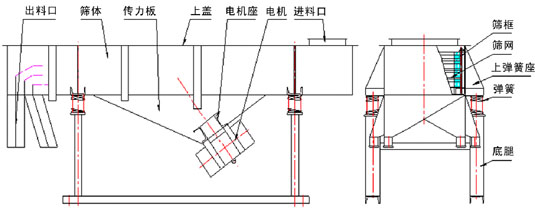 直線振動篩內部結構：出料口，篩體，傳力板，上蓋，電機座，電機，進料口，篩框，篩網，上彈簧座，彈簧，底腿。