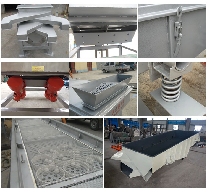 多層直線振動篩由進料口,底座,振動電機,篩網(wǎng),篩框,彈簧,出料口等組成。