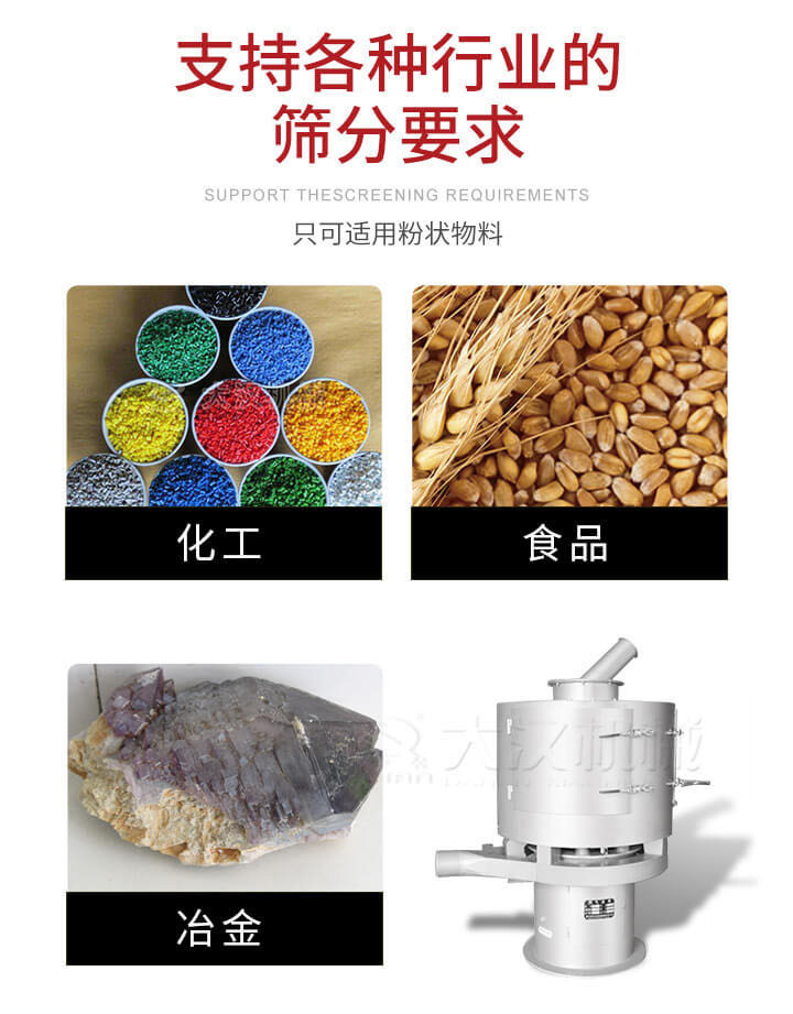 氣流篩用于礦粉，石墨粉，活性納米碳酸鈣，鋁灰，大豆粉，碳酸重鈣，石墨粉，木粉，干草，重金石粉，藥粉末，橡膠顆粒，草酸鹽，干料粉，木粉，聚酯粉，干粉，塑料，金屬粉末，橡膠粉，粉煤灰，石墨粉，陶瓷粉，鋅粉，石英粉，石灰粉，鐵粉，金屬硅粉等。