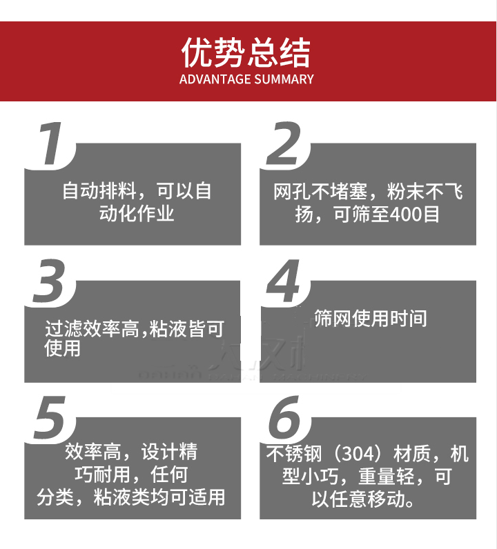 過濾篩優(yōu)勢總結(jié)：1，自動排料，可以自動化作用。2，網(wǎng)孔不堵塞，粉塵不飛揚，可篩至400目。3，過濾效率高，任何粒，粉，粘液也可使用。4，篩網(wǎng)設(shè)計大大提高了篩網(wǎng)使用時間，也魏換網(wǎng)提高了方便。5，效率高，設(shè)計精巧耐用，任何分類設(shè)計精巧耐用，任何分類，粘液類均可適用。6，不銹鋼材質(zhì)機型小巧，重量輕，可以任意移動。