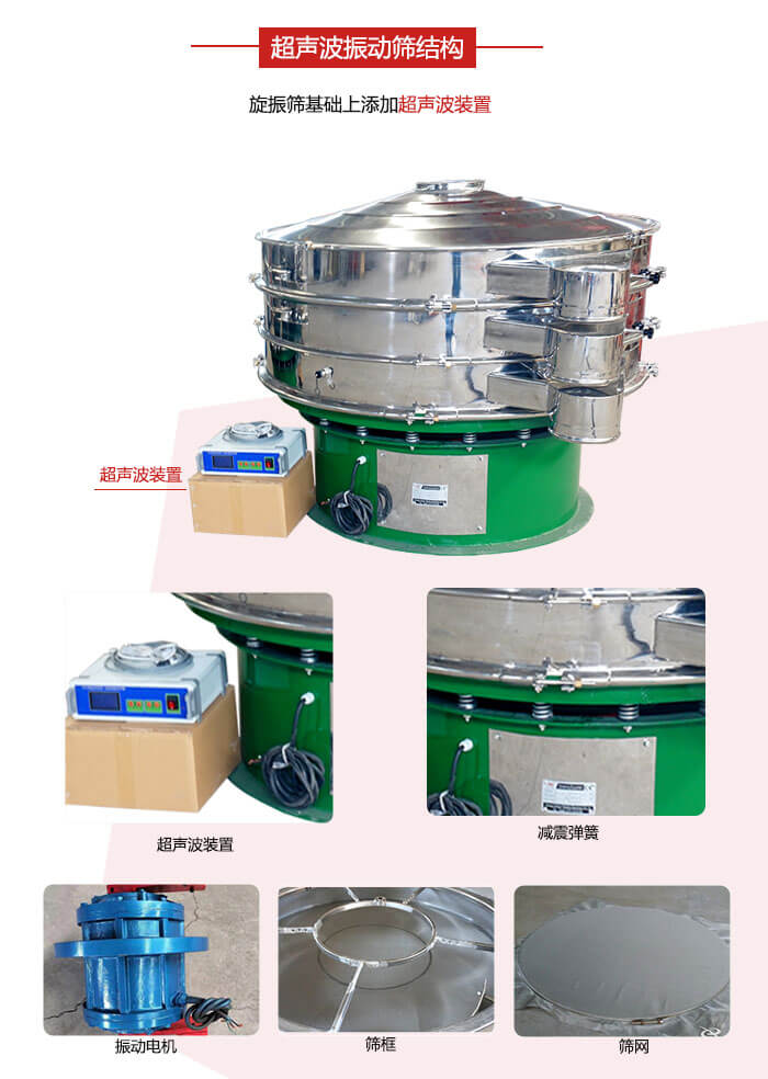 圓篩機內(nèi)部結(jié)構(gòu)：主要由振動電機、篩框、篩網(wǎng)、超聲波系統(tǒng)、減震彈簧等展示圖
