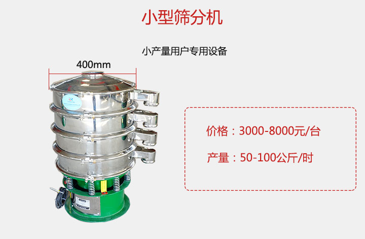 小型篩分機(jī)產(chǎn)量可達(dá)100公斤/時(shí)，價(jià)格3000元起。