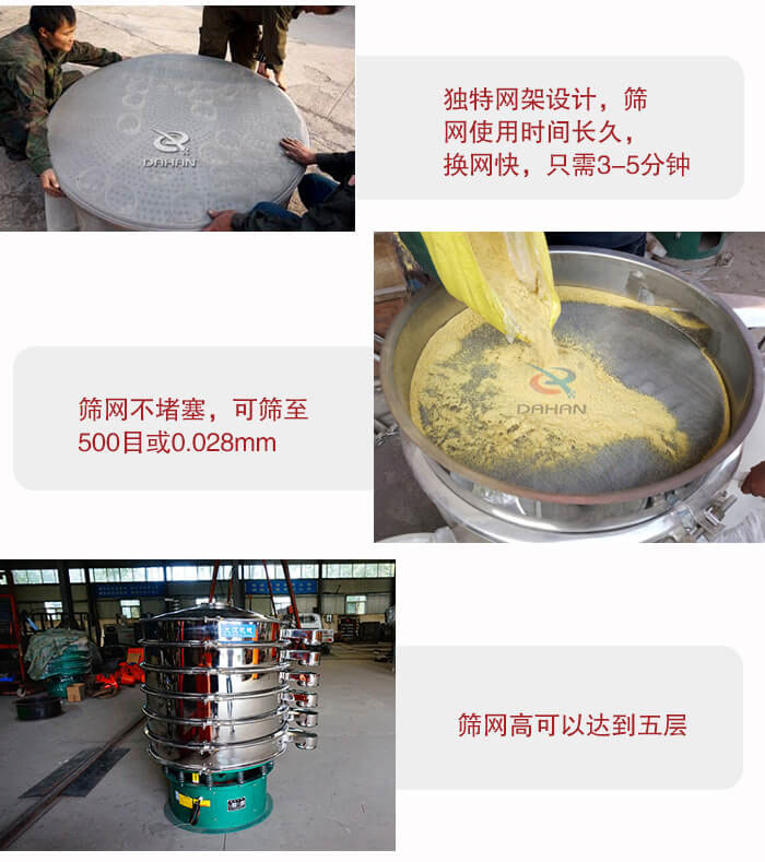 三次元振動(dòng)篩的特點(diǎn)：篩網(wǎng)使用時(shí)間長換讓時(shí)間短，篩網(wǎng)不堵塞，可篩至500目或0.028mm。