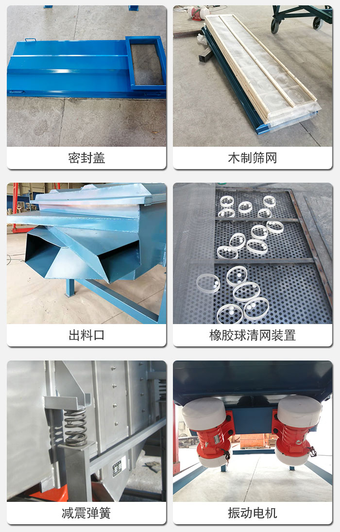 直線篩結(jié)構(gòu)展示：篩網(wǎng)，篩箱，振動電機，振動電機座，減震彈簧，支架等部件展示圖