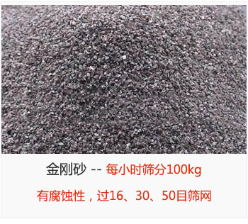 篩分金剛砂每小時100kg，有腐蝕性，過16、30、50目篩網(wǎng)