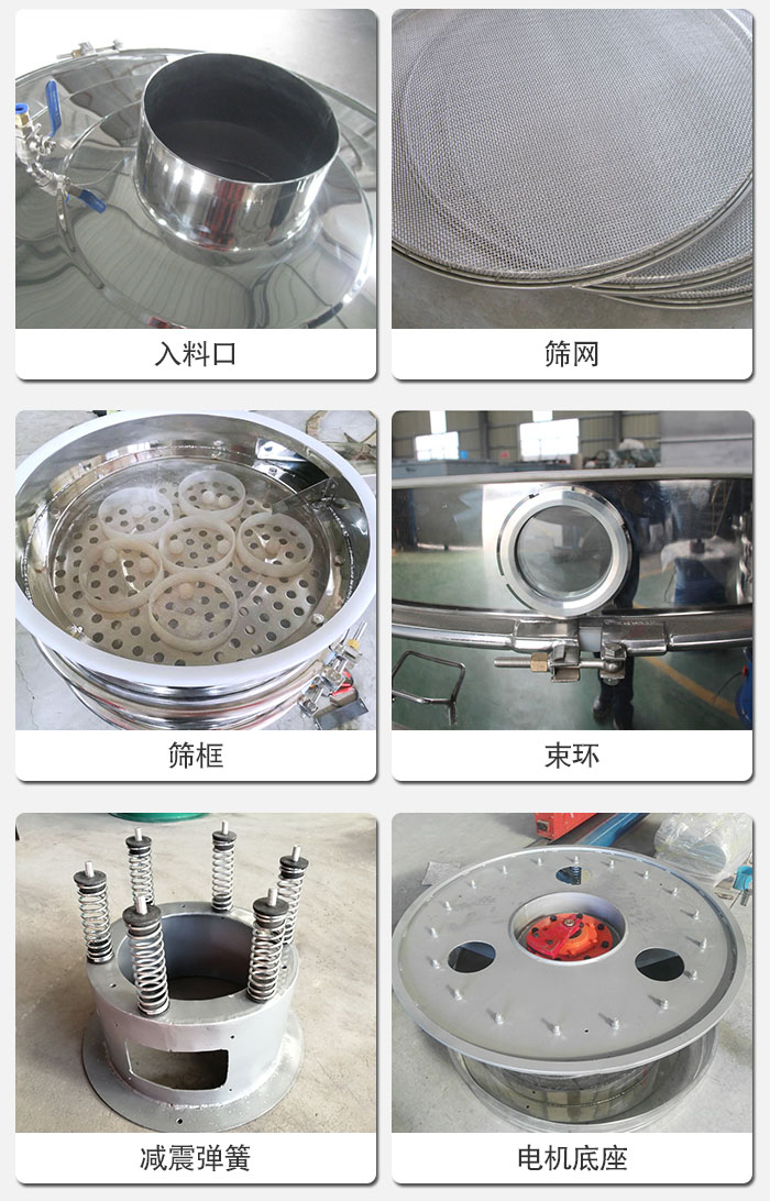 醫(yī)藥振動(dòng)篩有電機(jī)底座，減震彈簧，束環(huán)，篩框，入料口，篩網(wǎng)等部件展示。