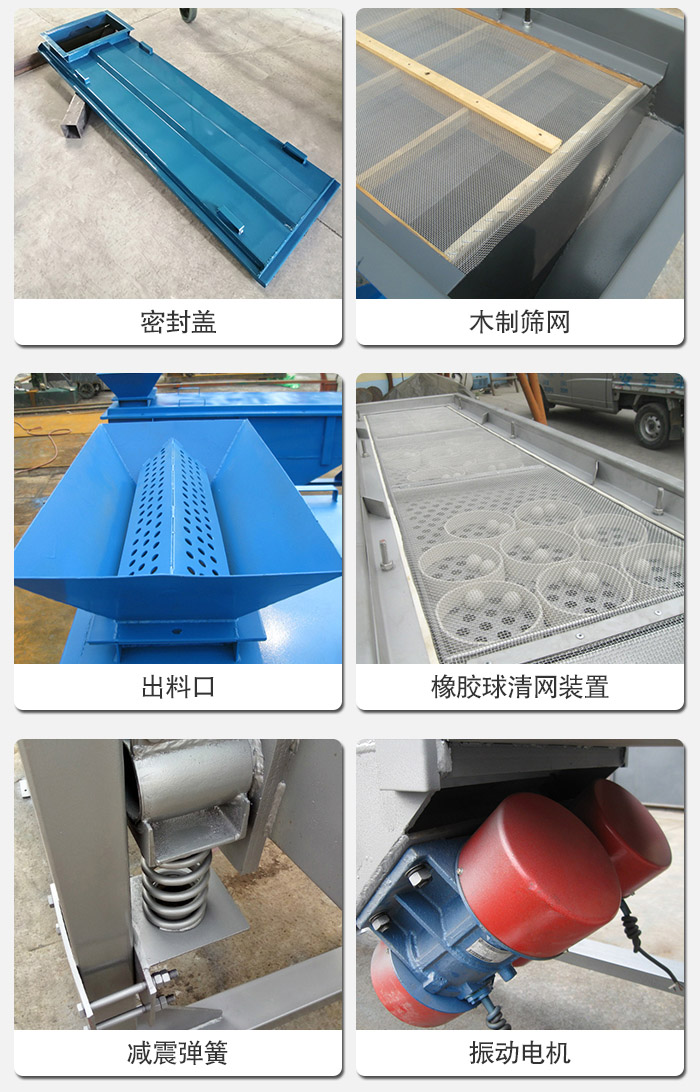 直線篩分機的結(jié)構(gòu)展示圖：篩箱是物料主要篩分設(shè)備之一，篩網(wǎng)用于篩分物料，振動電機幫助篩網(wǎng)篩分。