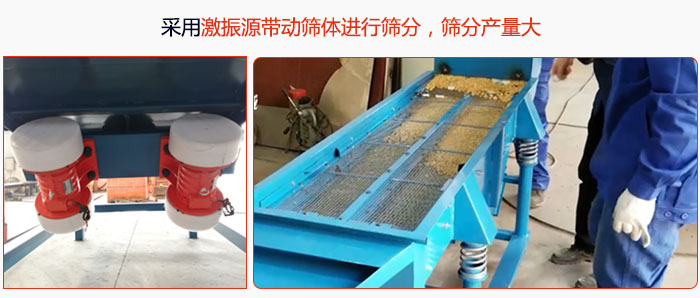 采用激振源帶動篩體進(jìn)行篩分，篩分產(chǎn)量大。
