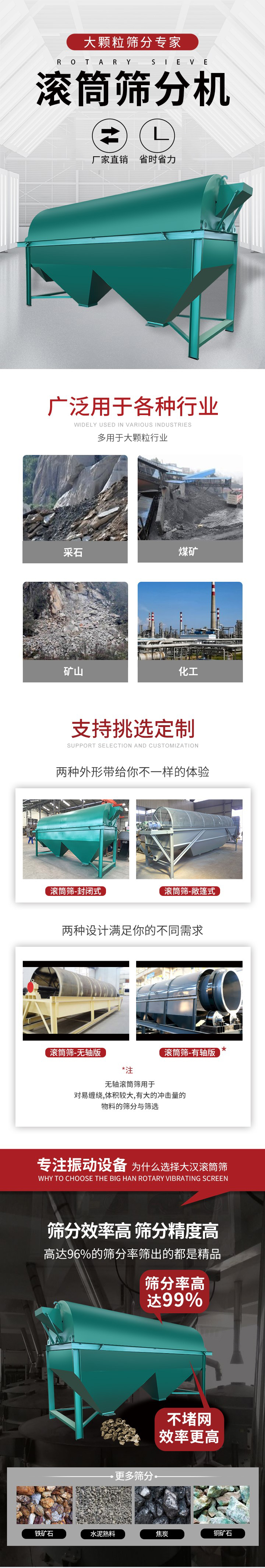滾筒篩分機(jī)大顆粒篩分專家：廠家直銷，省時(shí)省力。滾筒篩被廣泛應(yīng)用各種行業(yè)：多用于大顆粒行業(yè)例如：采石，煤礦，礦山，化工等。滾筒篩定制類型有哪些：封閉式與敞篷式產(chǎn)品結(jié)構(gòu)分為：無軸式，有軸式兩種，無軸滾筒篩用于對纏繞，體積較大，有大的沖擊量的物料的篩分與篩選。滾筒篩篩分效率高篩分精度能夠達(dá)到：96%也比較適用于鐵礦石，水泥熟料，焦炭，銅礦石。滾筒篩特點(diǎn)：不飛粉末：密封隔離罩，密封性好，工作過程不會(huì)出現(xiàn)飛粉現(xiàn)象。外型尺寸是按筒體長計(jì)