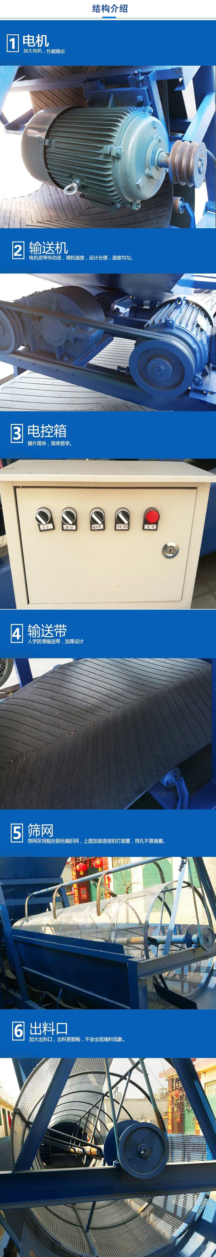 移動(dòng)篩沙機(jī)結(jié)構(gòu):電機(jī)，加大電機(jī)，性能相對(duì)比較穩(wěn)定。輸送機(jī)：電機(jī)皮帶傳動(dòng)送，調(diào)和速度，設(shè)計(jì)合理，速度均勻。電控箱：操作簡(jiǎn)單，簡(jiǎn)便易學(xué)。輸送帶：人字防滑輸送帶，加厚設(shè)計(jì)。篩網(wǎng)，采用粗絲鋼絲編織而成的篩網(wǎng)，上面加裝連續(xù)拍打裝置，篩孔不易堵塞。出料口：加大出料口，出料更順暢，不會(huì)出現(xiàn)堵料現(xiàn)象。