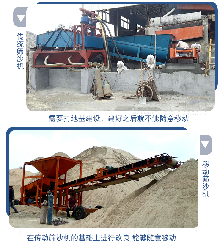 移動(dòng)的篩沙機(jī)在安裝前需要打地基，而固定完畢后就不能隨意的移動(dòng)，而移動(dòng)篩沙機(jī)不需要打地并且隨時(shí)能夠進(jìn)行移動(dòng)。