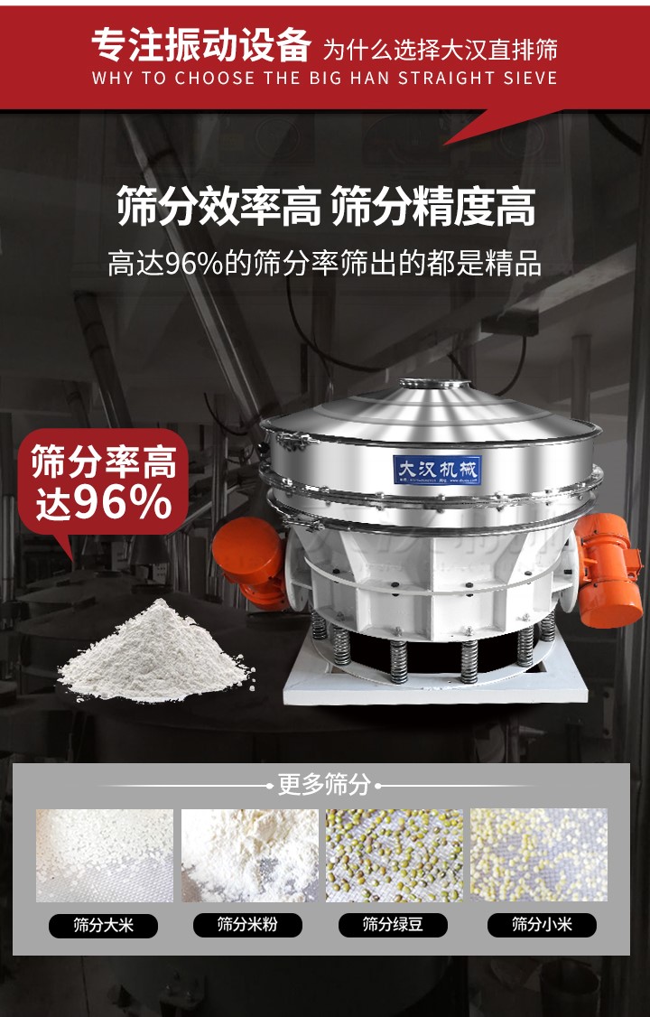直排篩適用物料有面粉，淀粉，洗衣粉，金屬粉，添加劑，化工，非礦等行業(yè)。
