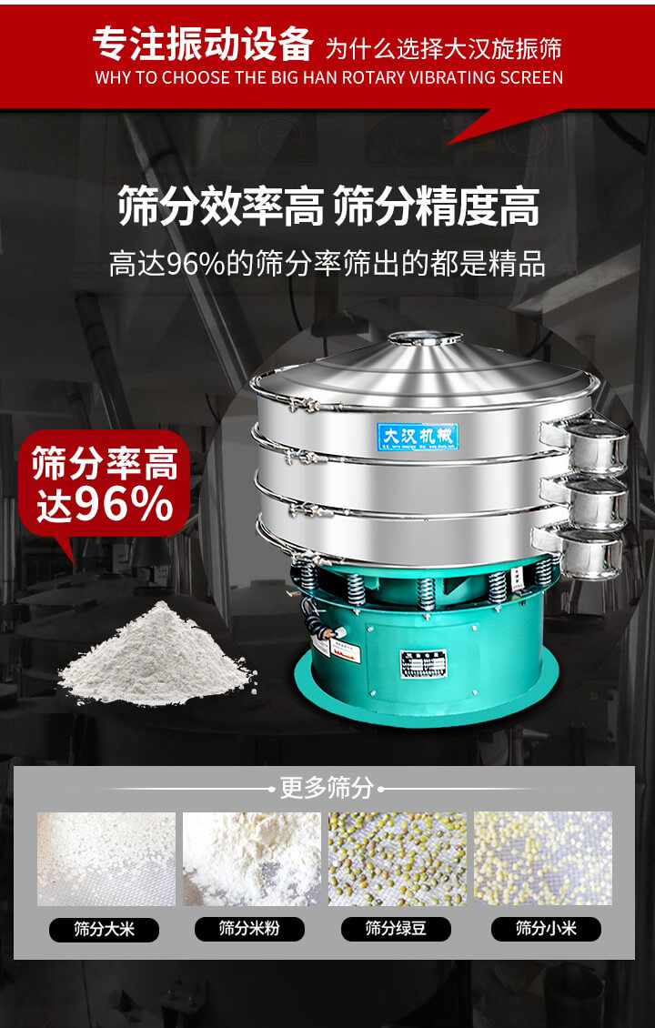 旋振篩結構：進料口，網(wǎng)架，防塵蓋，出料口，加重塊，束環(huán)，上部重錘，彈簧，下部重錘等。