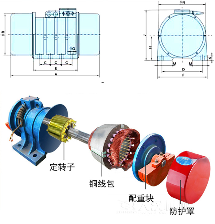 YZS振動電機內(nèi)部主要部件：定轉(zhuǎn)子，銅線包，配重塊，防護罩。