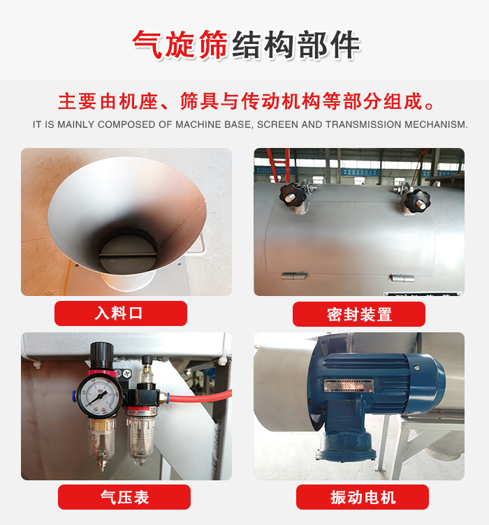 氣旋篩結(jié)構(gòu)：入料口，密封裝置，電機，氣壓表等