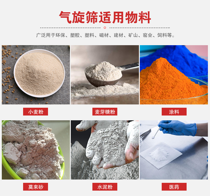 氣旋篩適用物料：小麥粉，麥芽糖粉，涂料，等粉狀物料。