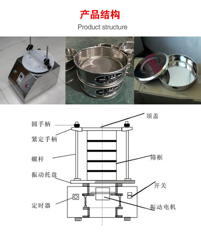 實(shí)驗(yàn)室振動(dòng)篩-試驗(yàn)篩結(jié)構(gòu)主要由：圓手柄，緊定手柄，螺桿，振動(dòng)托盤，篩框，頂蓋等。