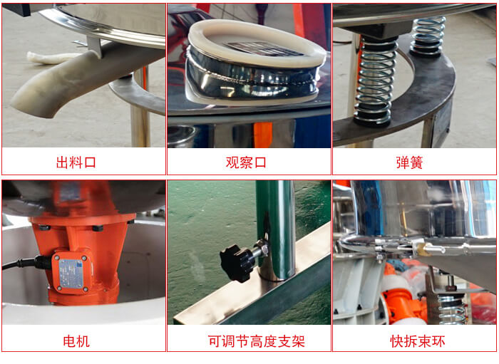 高頻篩細(xì)節(jié)展示：出料口，觀察口，彈簧，電機(jī)，可調(diào)節(jié)高度支架，快拆束環(huán)。